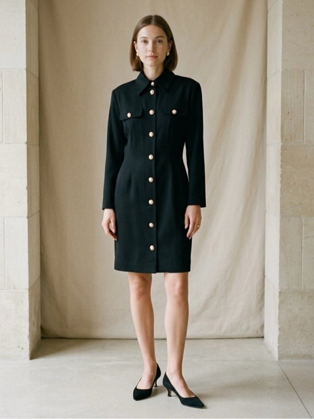 Vintage Wool Long Sleeve Mini Dress Size 8 Black with Gold Pearl Buttons 80s 90s